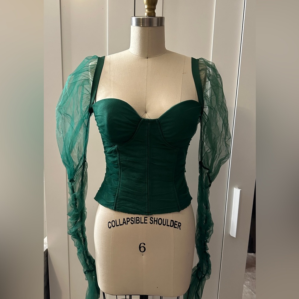 Emerald Green Corset Top with Sheer Sleeves